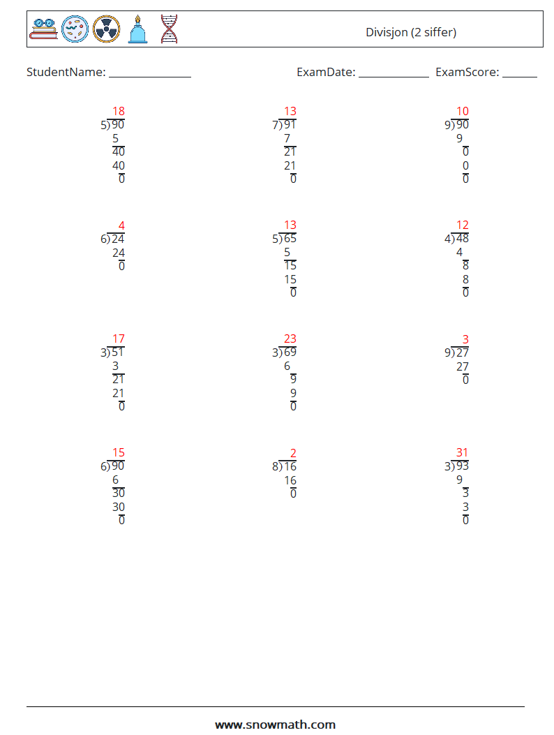 (12) Divisjon (2 siffer) MathWorksheets 14 QuestionAnswer