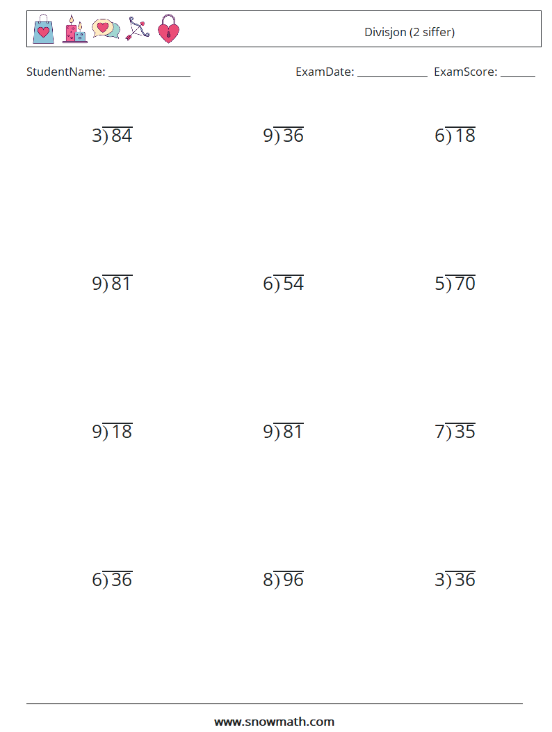 (12) Divisjon (2 siffer) MathWorksheets 15