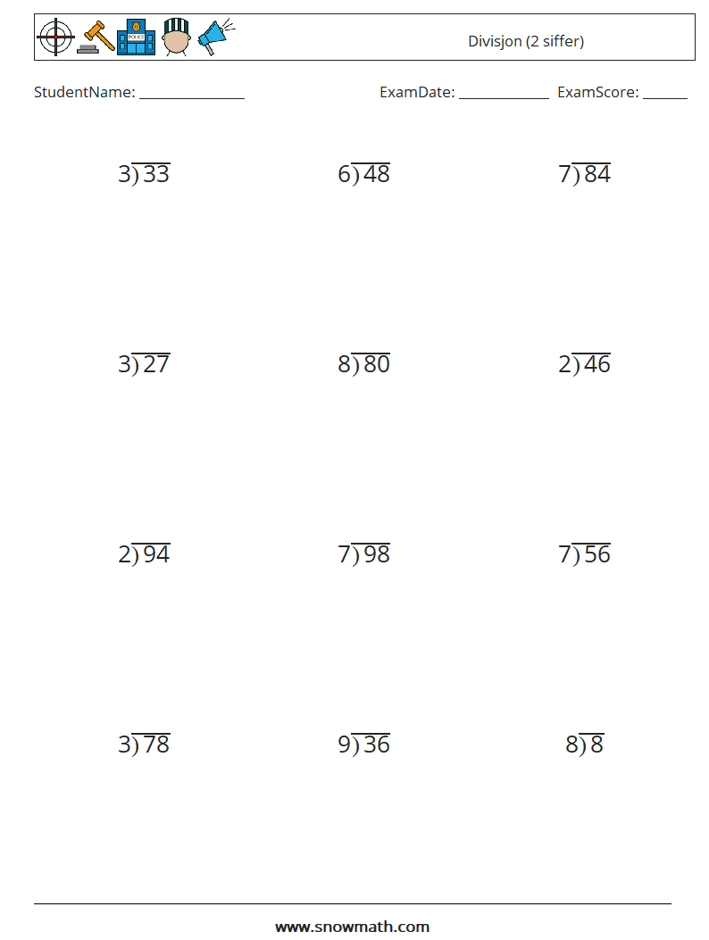 (12) Divisjon (2 siffer) MathWorksheets 16