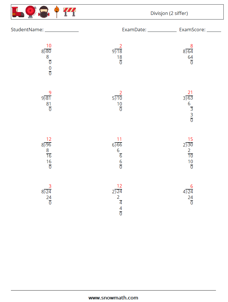 (12) Divisjon (2 siffer) MathWorksheets 2 QuestionAnswer