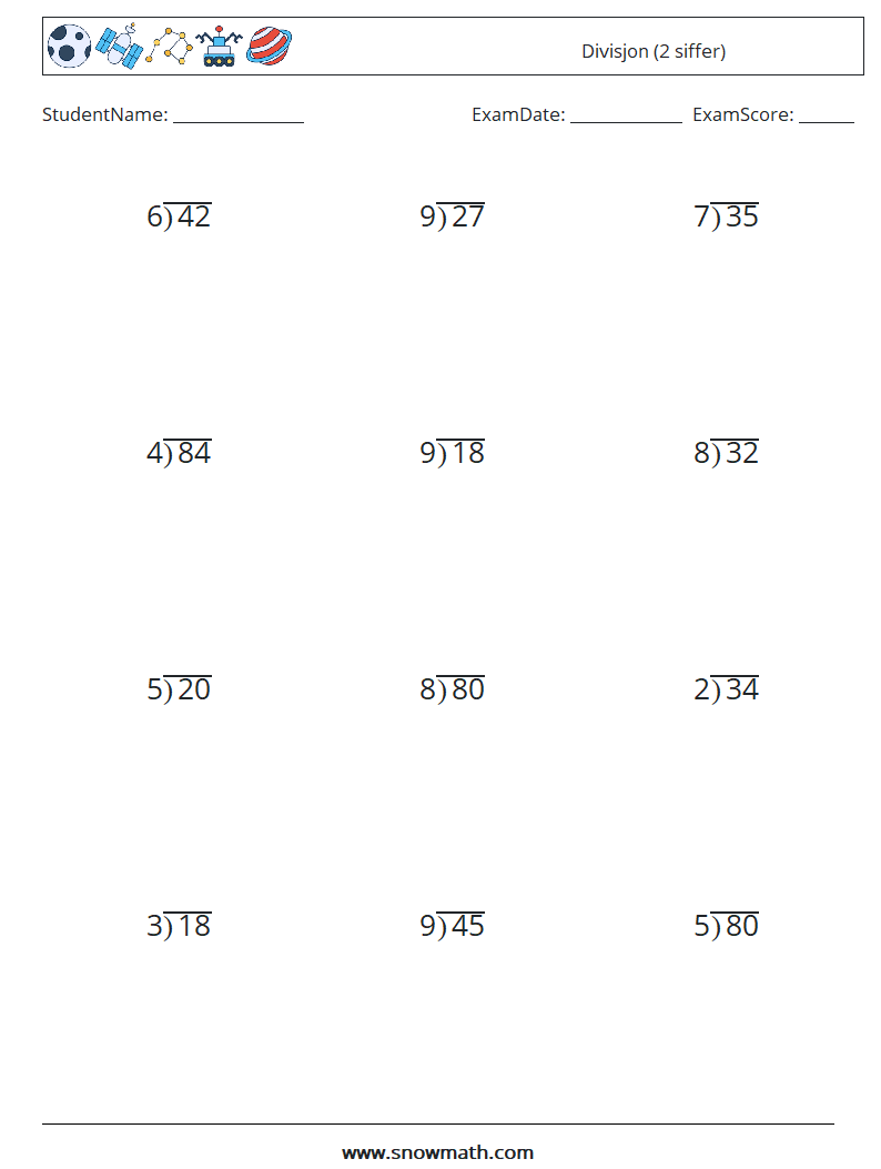 (12) Divisjon (2 siffer) MathWorksheets 3