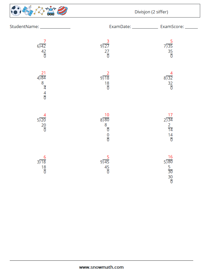 (12) Divisjon (2 siffer) MathWorksheets 3 QuestionAnswer