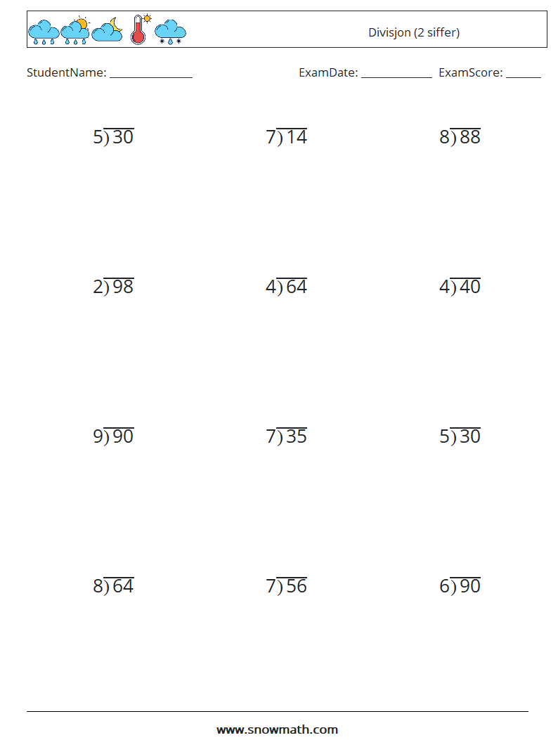 (12) Divisjon (2 siffer) MathWorksheets 4