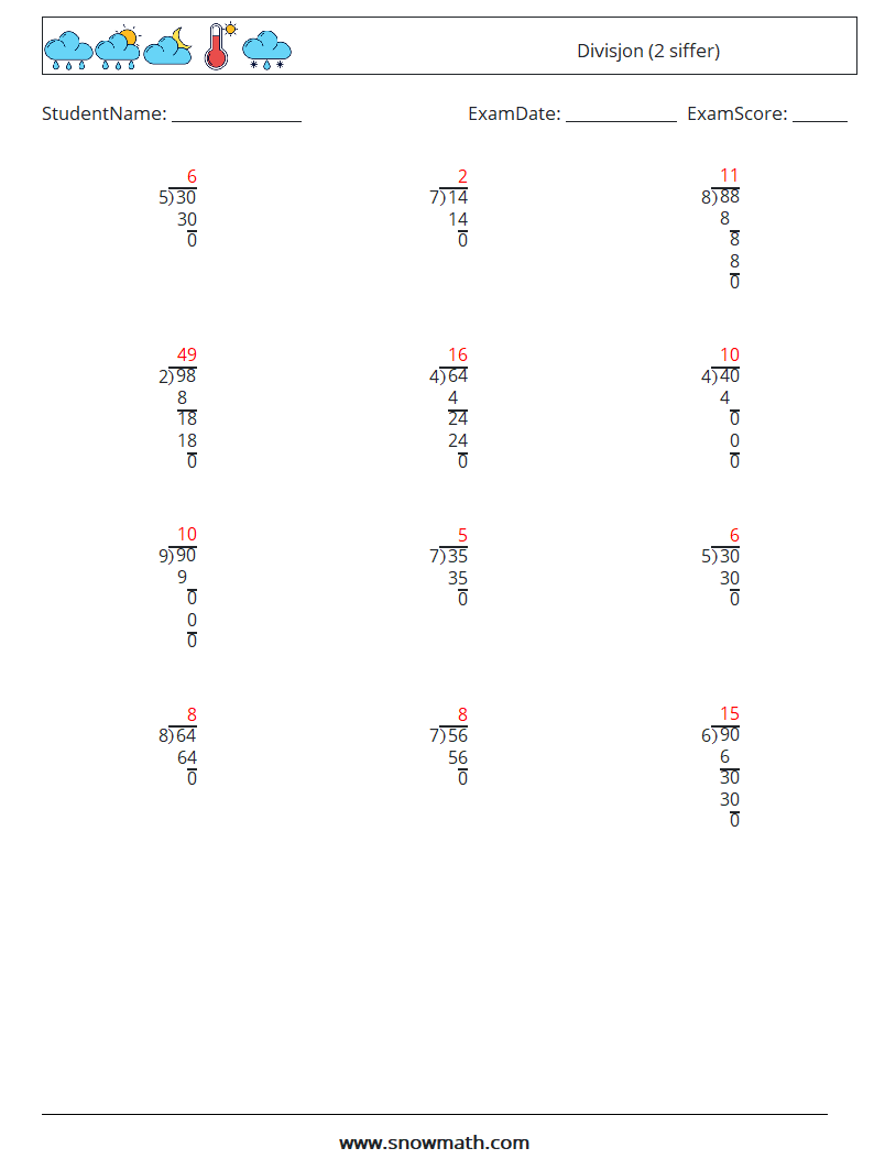 (12) Divisjon (2 siffer) MathWorksheets 4 QuestionAnswer