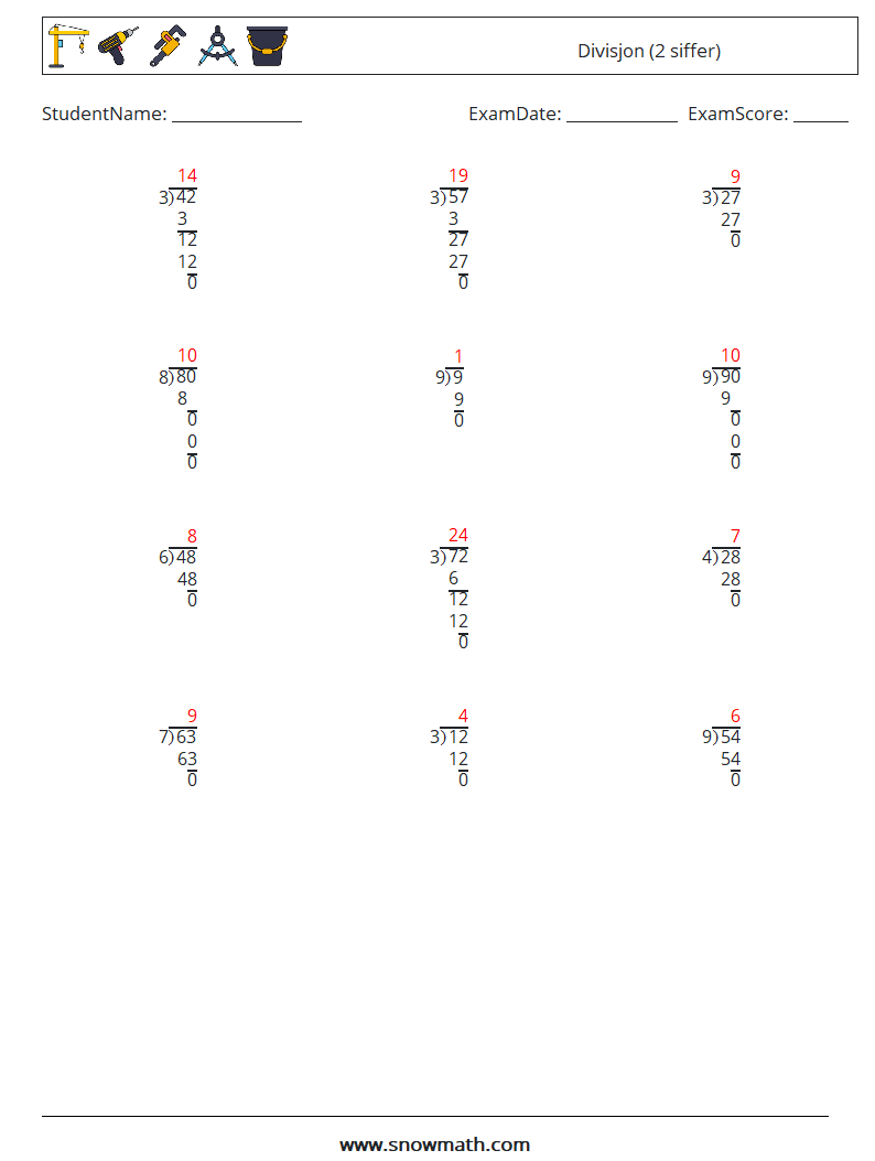 (12) Divisjon (2 siffer) MathWorksheets 5 QuestionAnswer