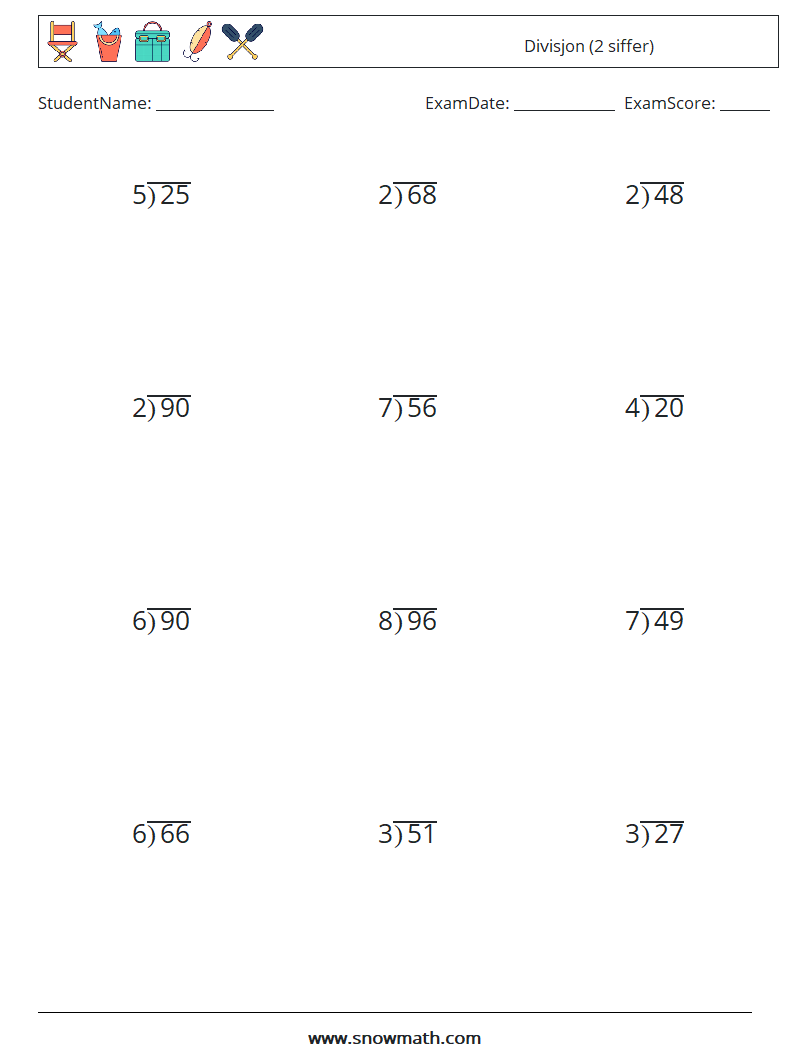 (12) Divisjon (2 siffer) MathWorksheets 6