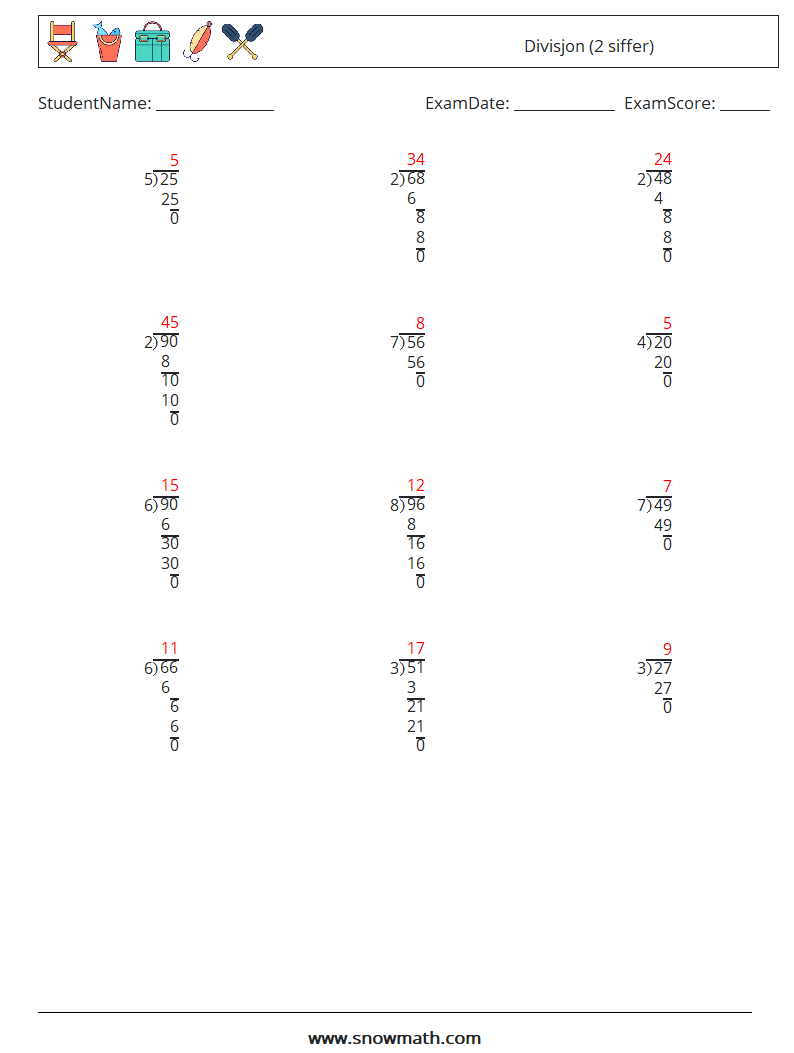 (12) Divisjon (2 siffer) MathWorksheets 6 QuestionAnswer