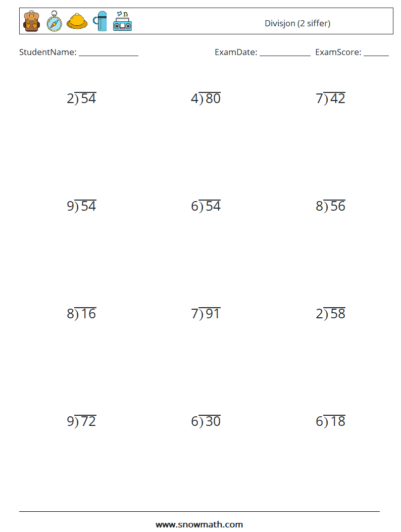 (12) Divisjon (2 siffer) MathWorksheets 7