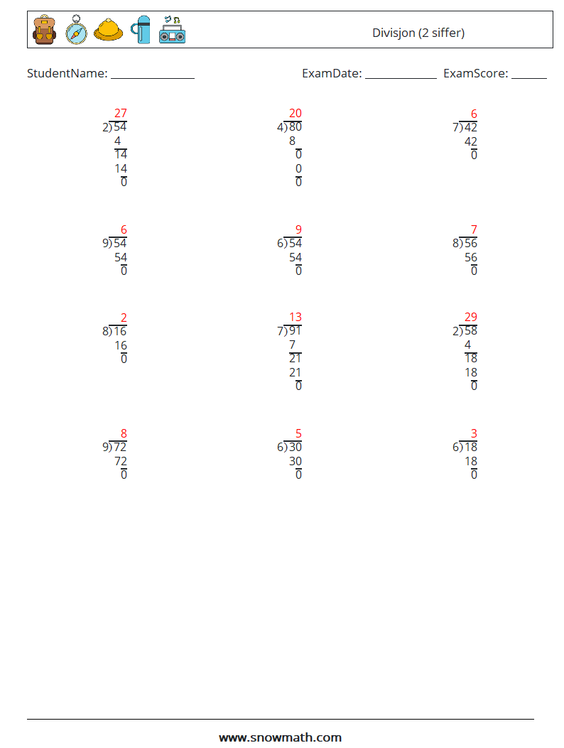 (12) Divisjon (2 siffer) MathWorksheets 7 QuestionAnswer