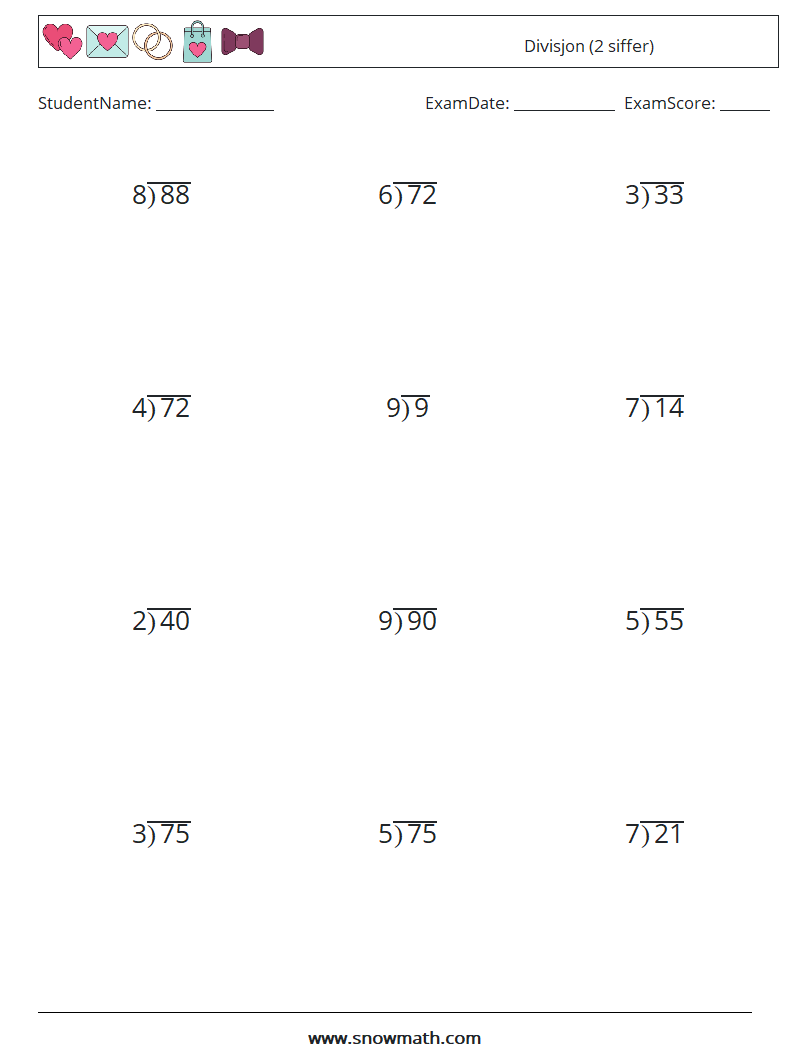 (12) Divisjon (2 siffer) MathWorksheets 8