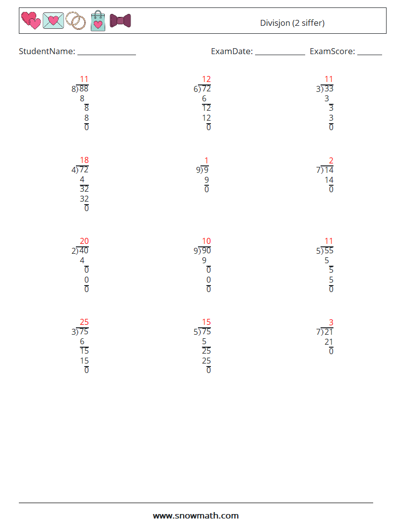 (12) Divisjon (2 siffer) MathWorksheets 8 QuestionAnswer