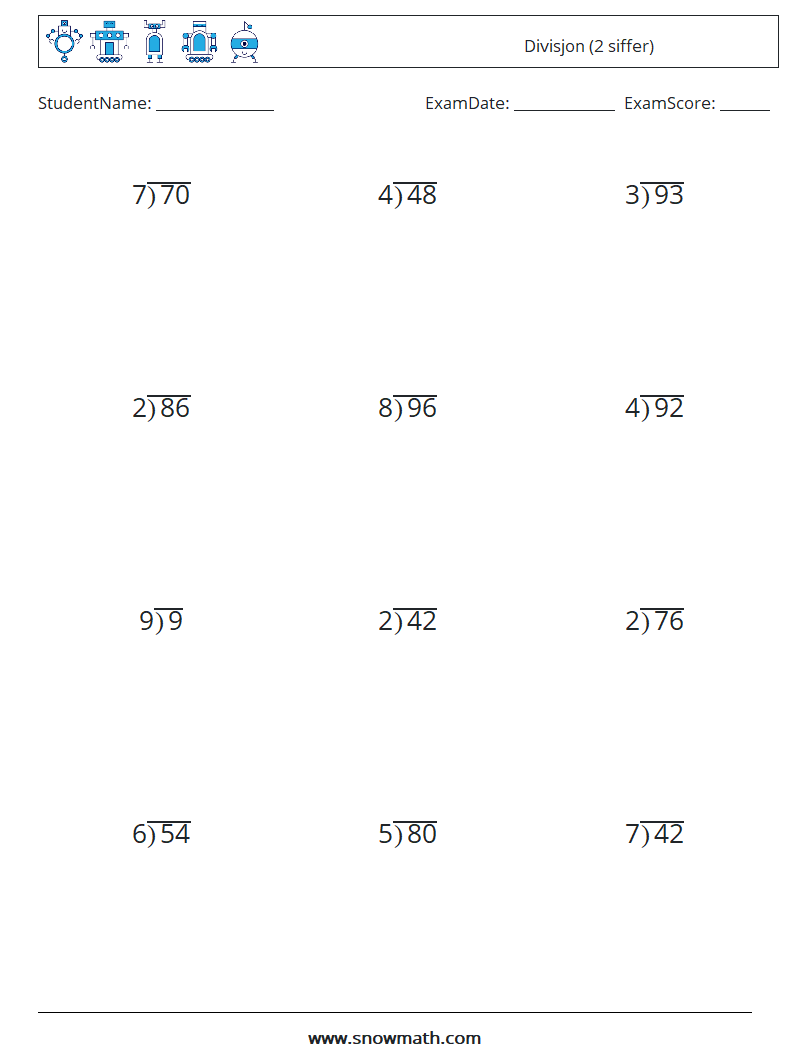 (12) Divisjon (2 siffer) MathWorksheets 9