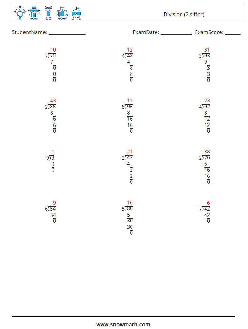 (12) Divisjon (2 siffer) MathWorksheets 9 QuestionAnswer