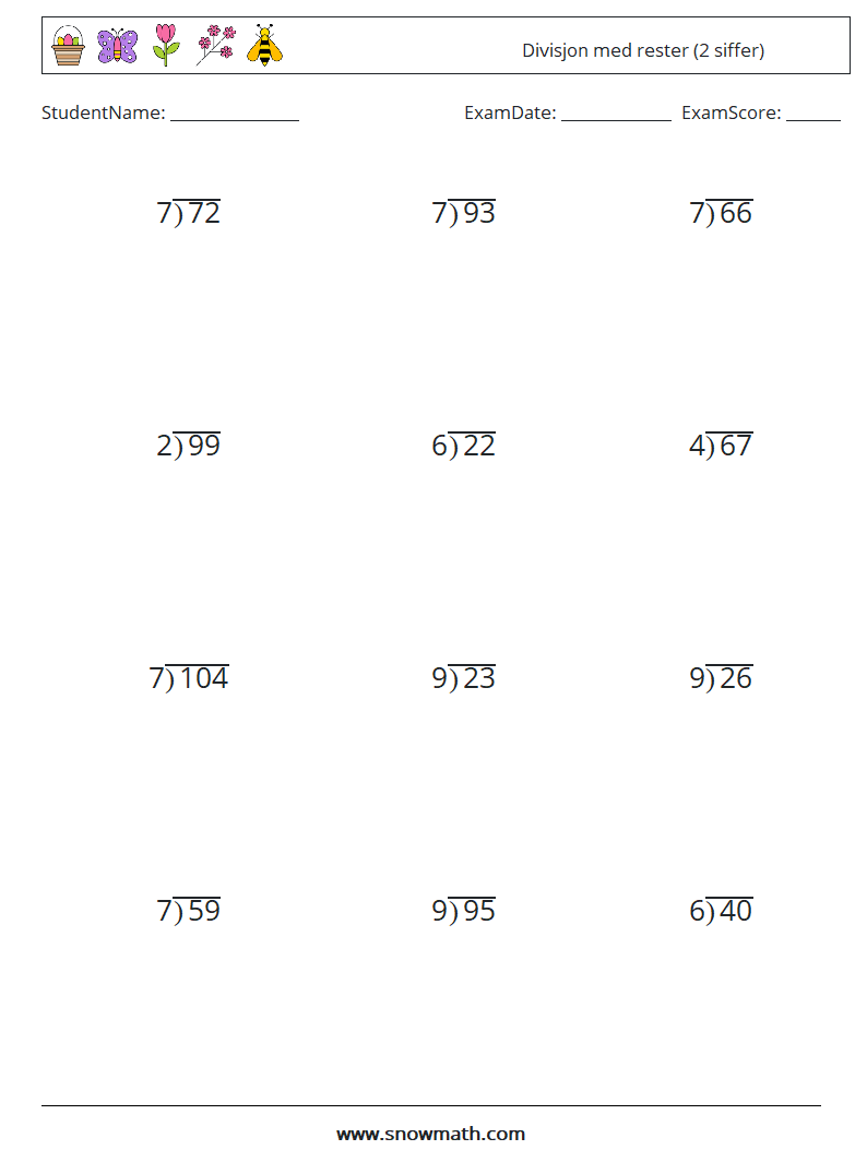 (12) Divisjon med rester (2 siffer) MathWorksheets 18