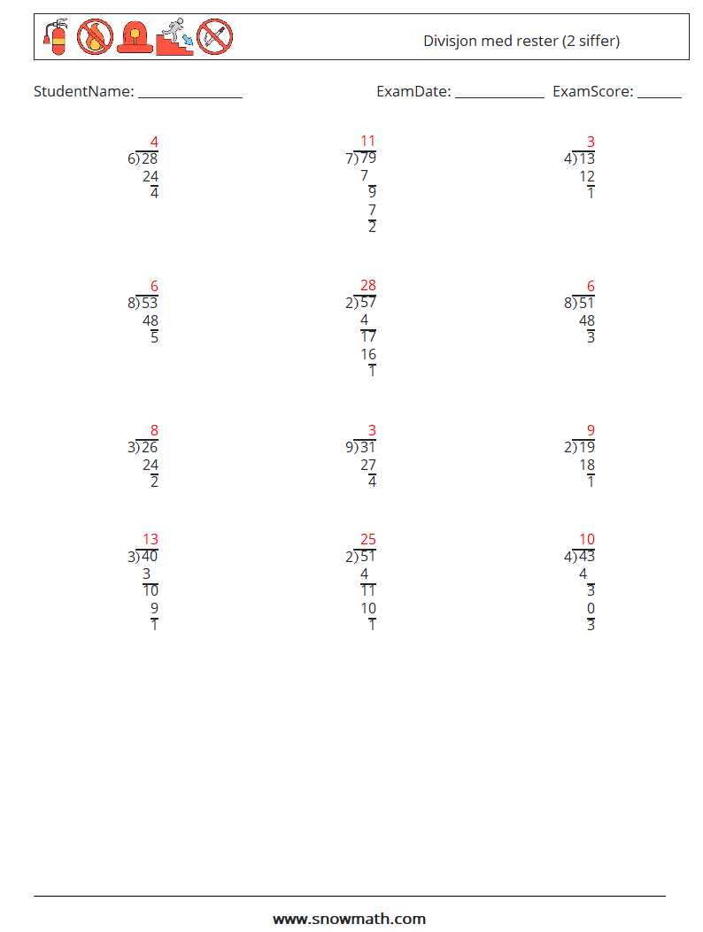 (12) Divisjon med rester (2 siffer) MathWorksheets 1 QuestionAnswer