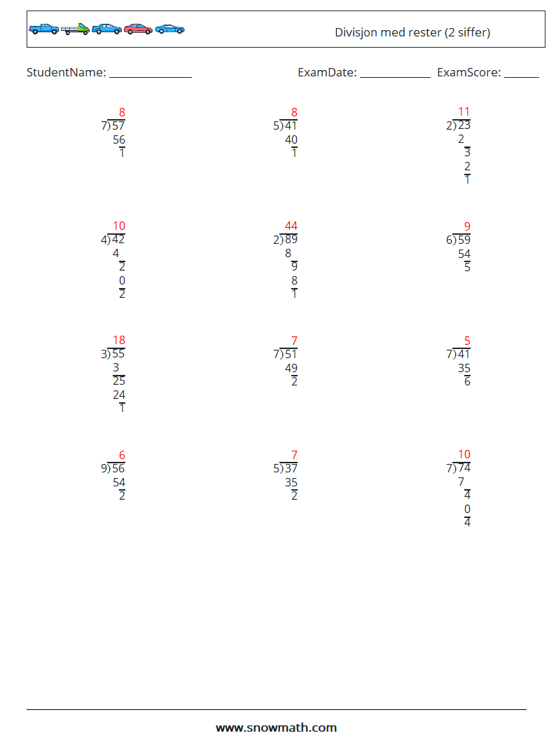 (12) Divisjon med rester (2 siffer) MathWorksheets 3 QuestionAnswer
