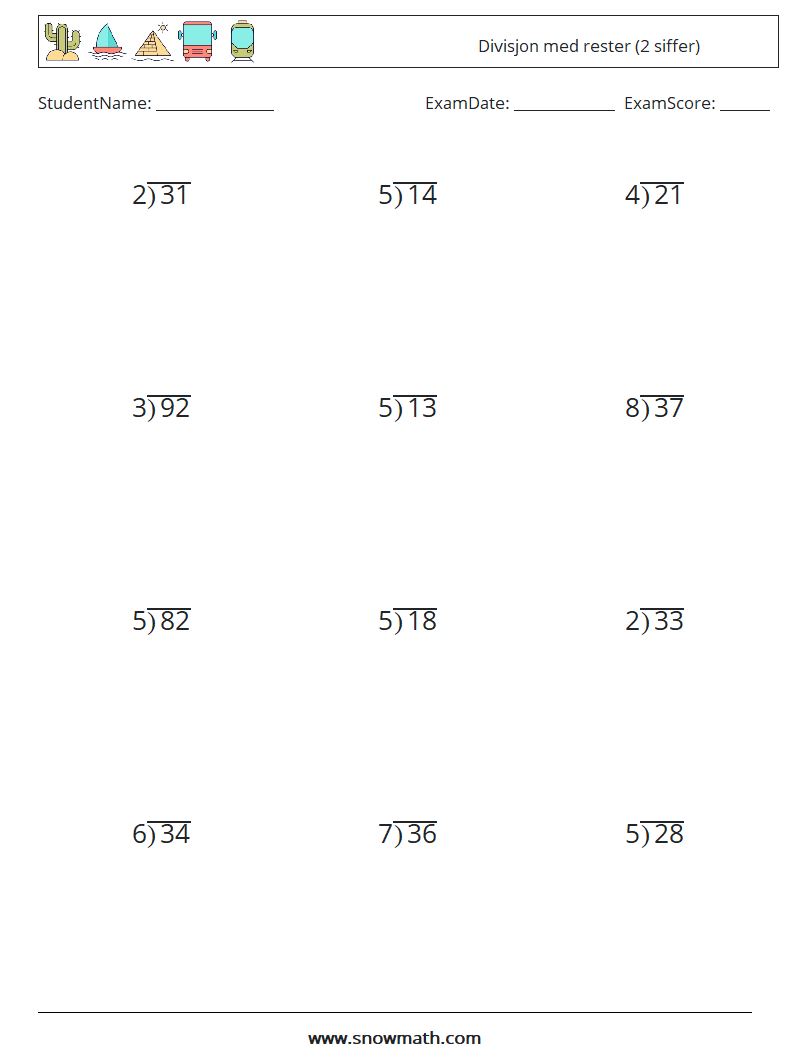 (12) Divisjon med rester (2 siffer) MathWorksheets 5