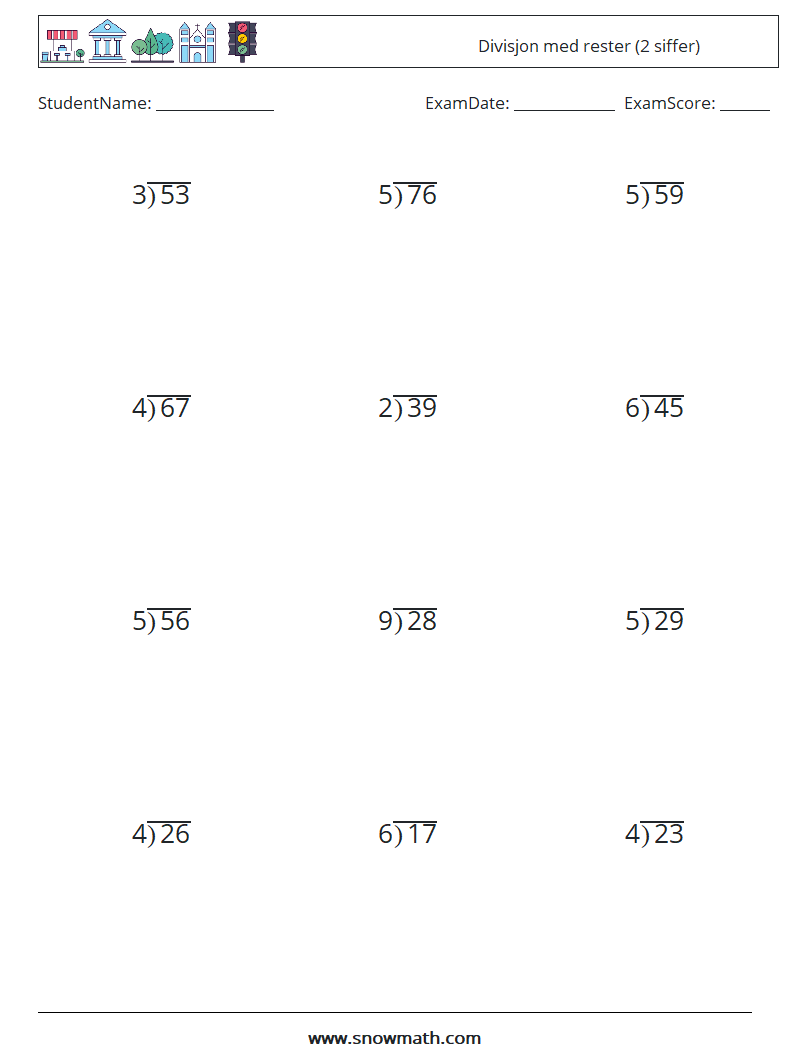 (12) Divisjon med rester (2 siffer) MathWorksheets 6