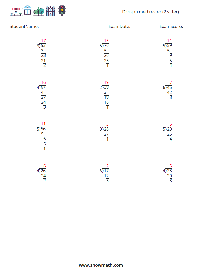(12) Divisjon med rester (2 siffer) MathWorksheets 6 QuestionAnswer