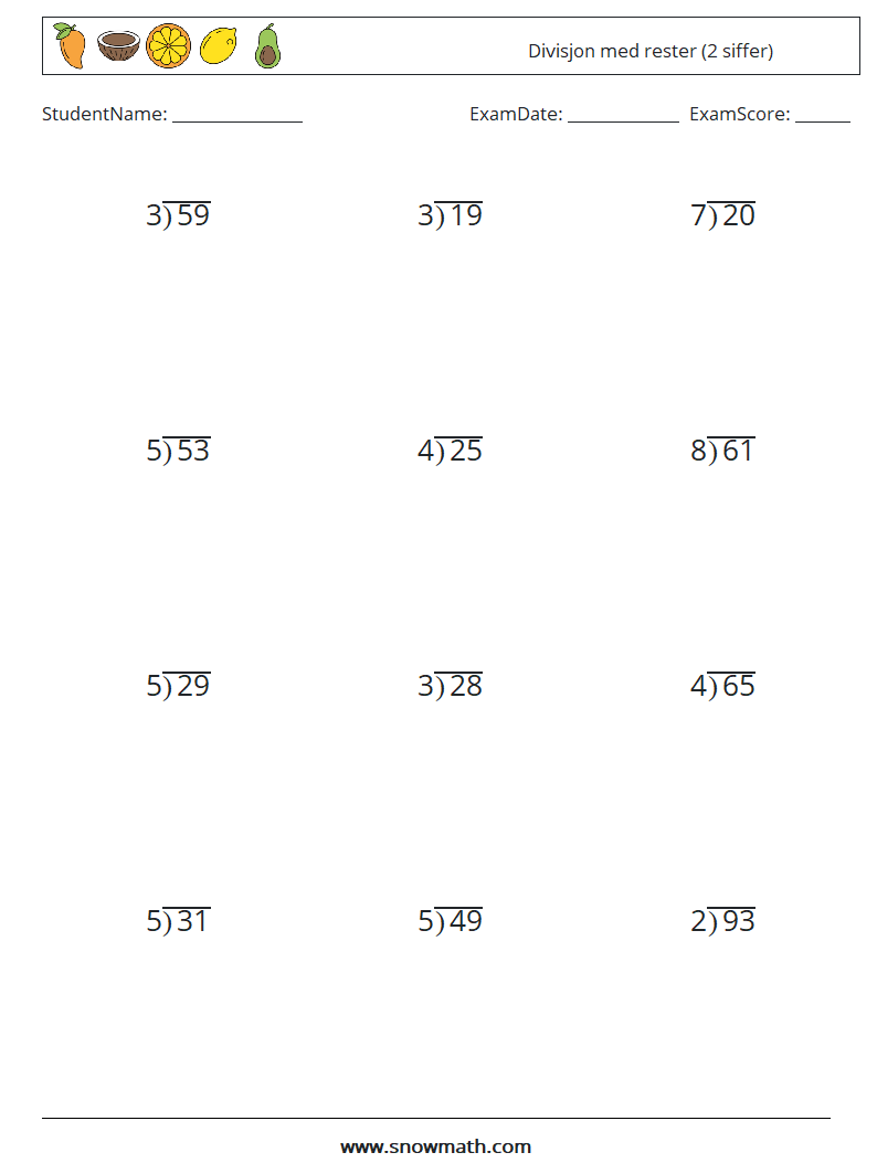 (12) Divisjon med rester (2 siffer) MathWorksheets 7