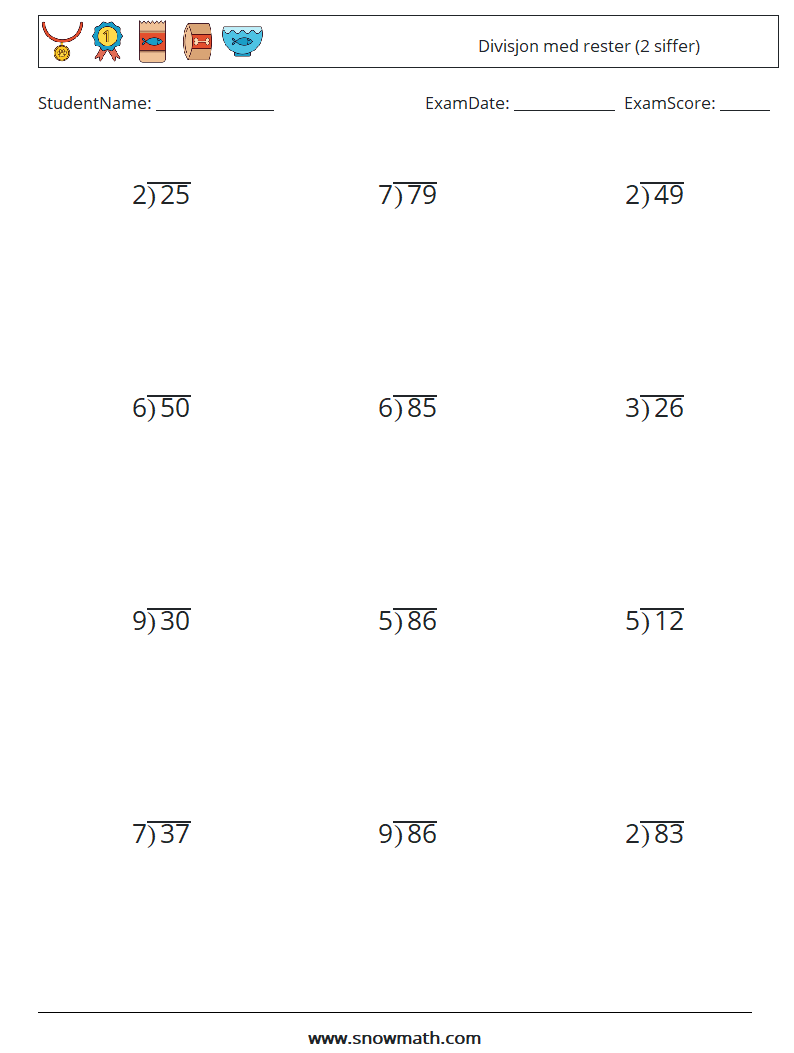 (12) Divisjon med rester (2 siffer) MathWorksheets 8
