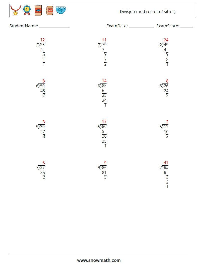(12) Divisjon med rester (2 siffer) MathWorksheets 8 QuestionAnswer