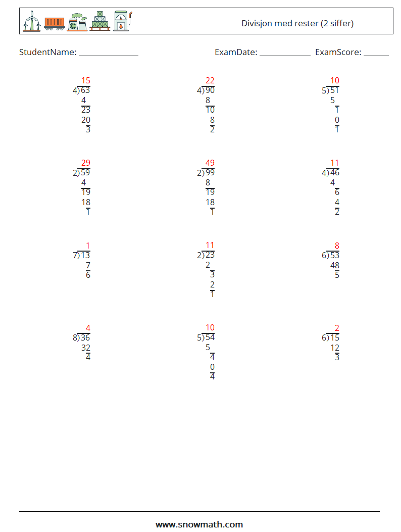 (12) Divisjon med rester (2 siffer) MathWorksheets 9 QuestionAnswer