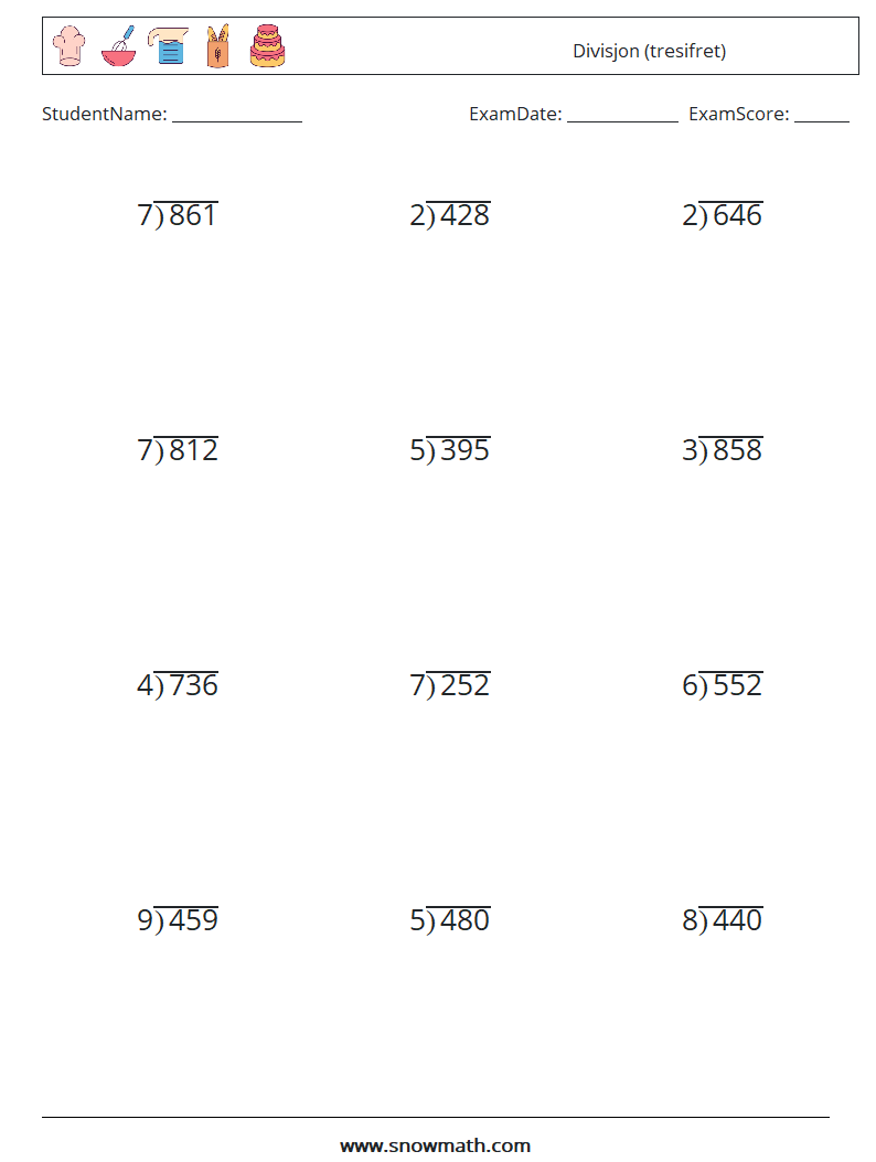 (12) Divisjon (tresifret) MathWorksheets 1