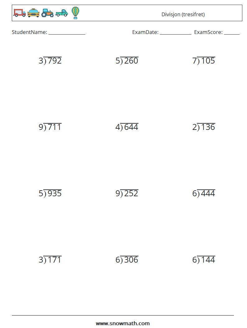 (12) Divisjon (tresifret) MathWorksheets 10