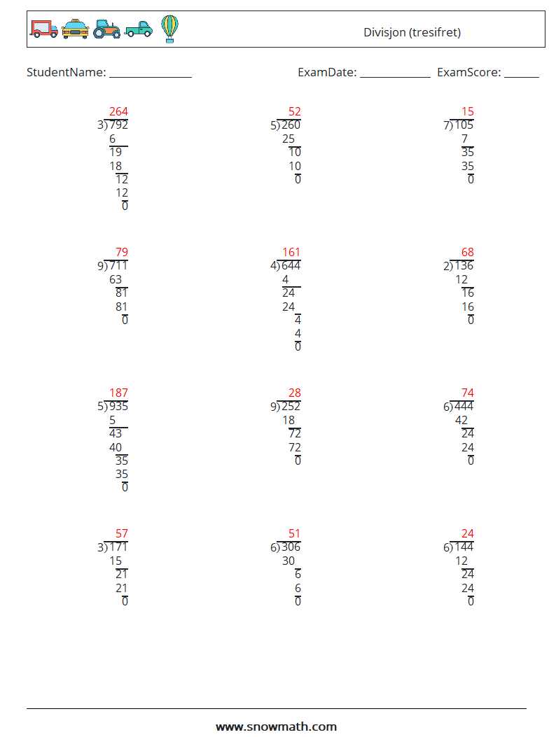 (12) Divisjon (tresifret) MathWorksheets 10 QuestionAnswer