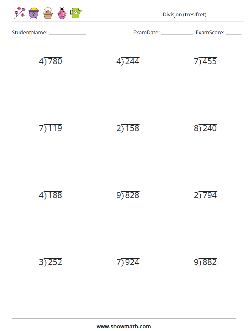 (12) Divisjon (tresifret) MathWorksheets 11