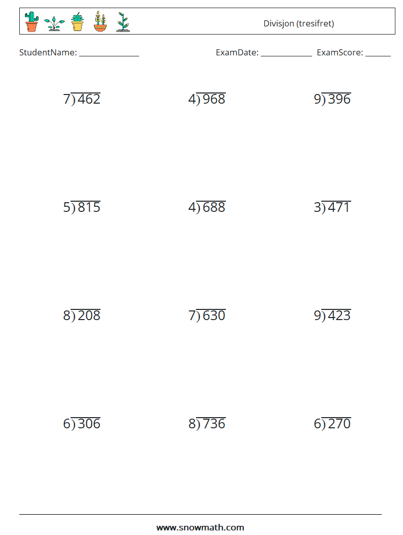 (12) Divisjon (tresifret) MathWorksheets 12