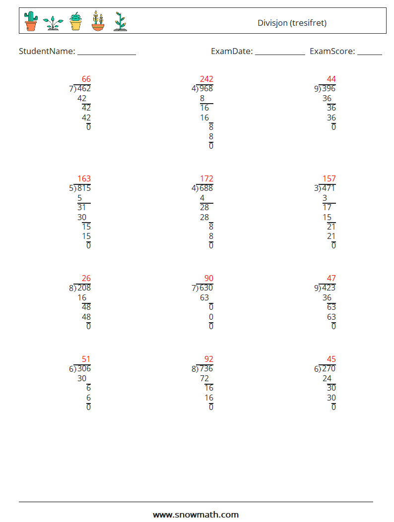 (12) Divisjon (tresifret) MathWorksheets 12 QuestionAnswer