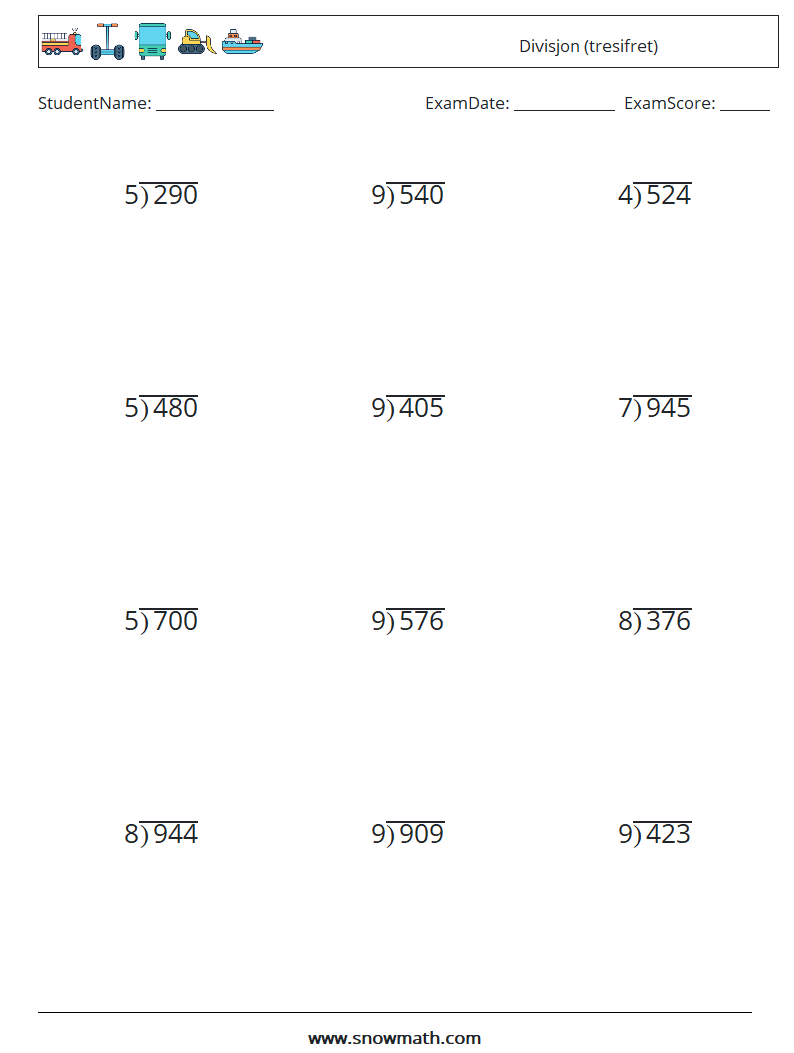 (12) Divisjon (tresifret) MathWorksheets 13