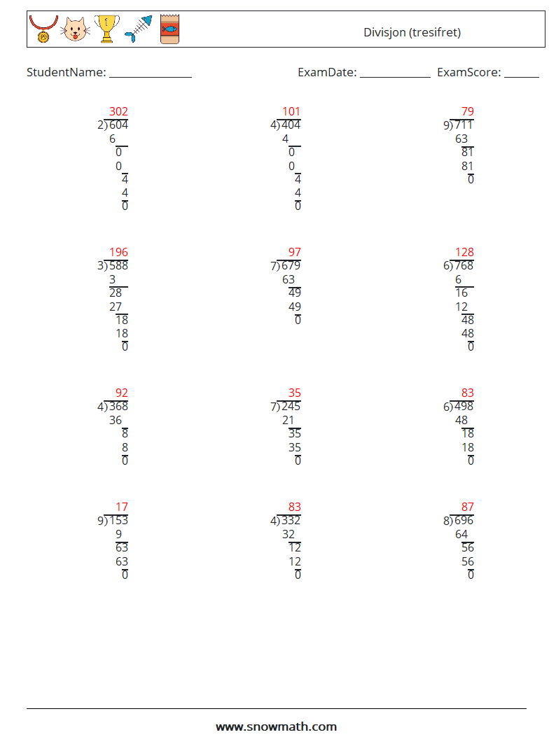 (12) Divisjon (tresifret) MathWorksheets 14 QuestionAnswer