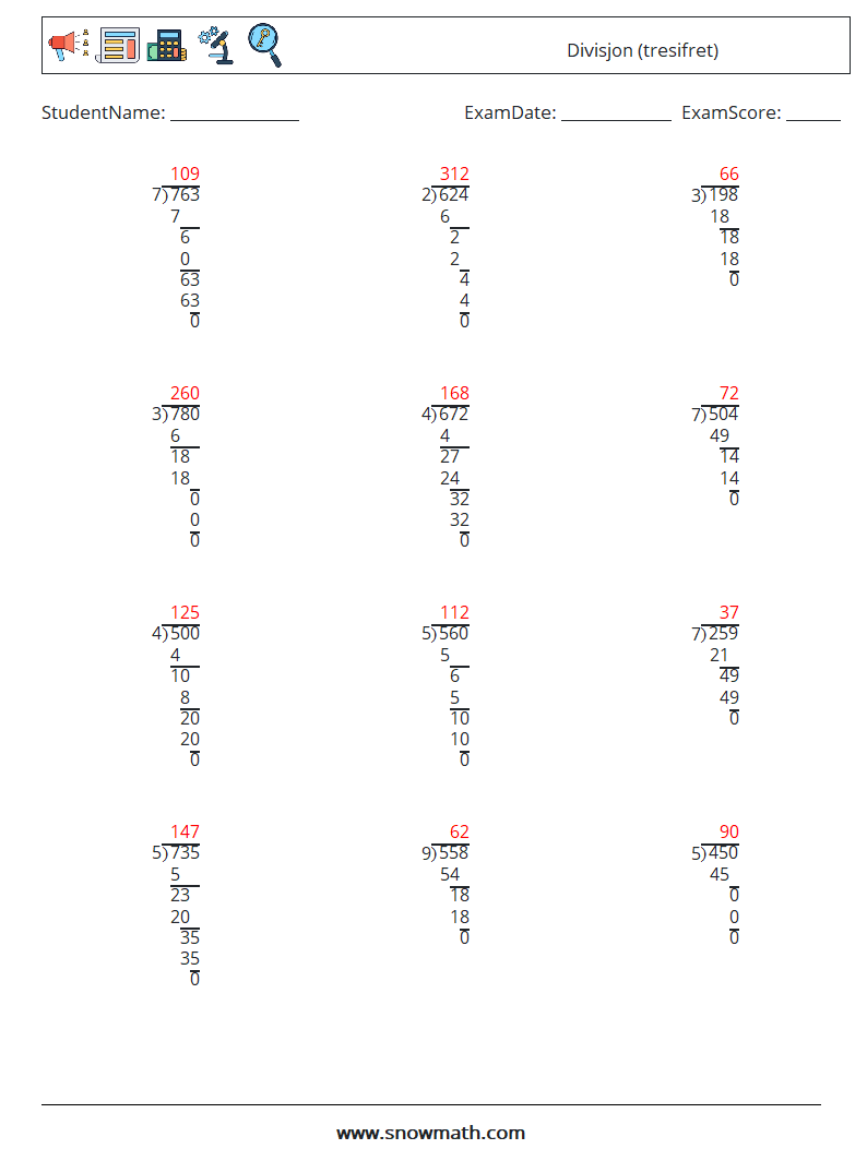 (12) Divisjon (tresifret) MathWorksheets 15 QuestionAnswer