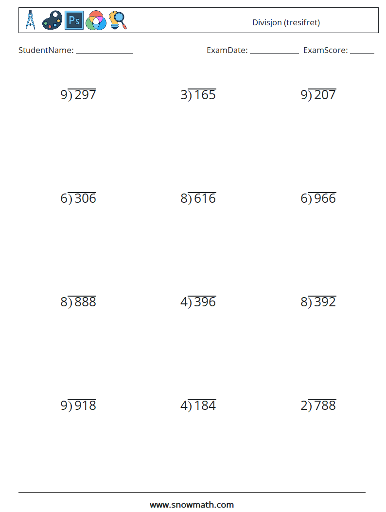 (12) Divisjon (tresifret) MathWorksheets 17