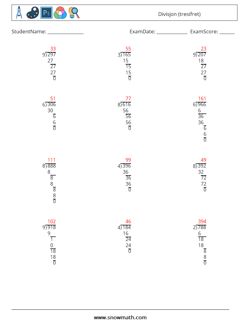 (12) Divisjon (tresifret) MathWorksheets 17 QuestionAnswer