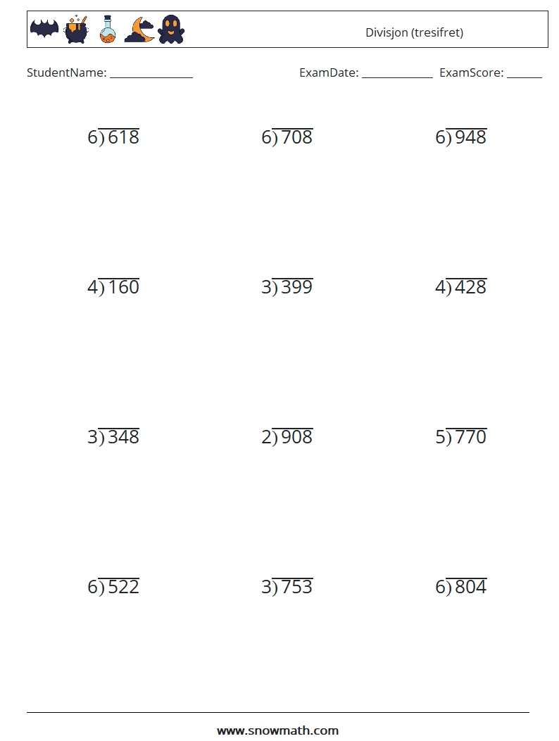 (12) Divisjon (tresifret) MathWorksheets 18