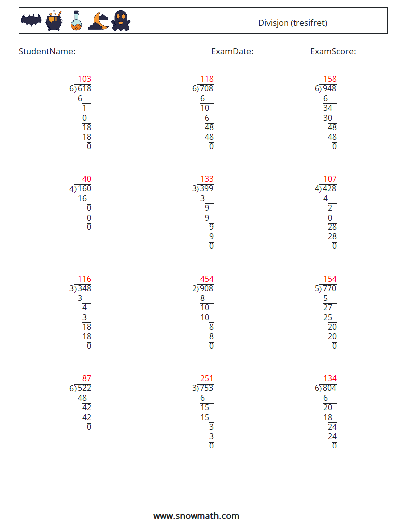 (12) Divisjon (tresifret) MathWorksheets 18 QuestionAnswer