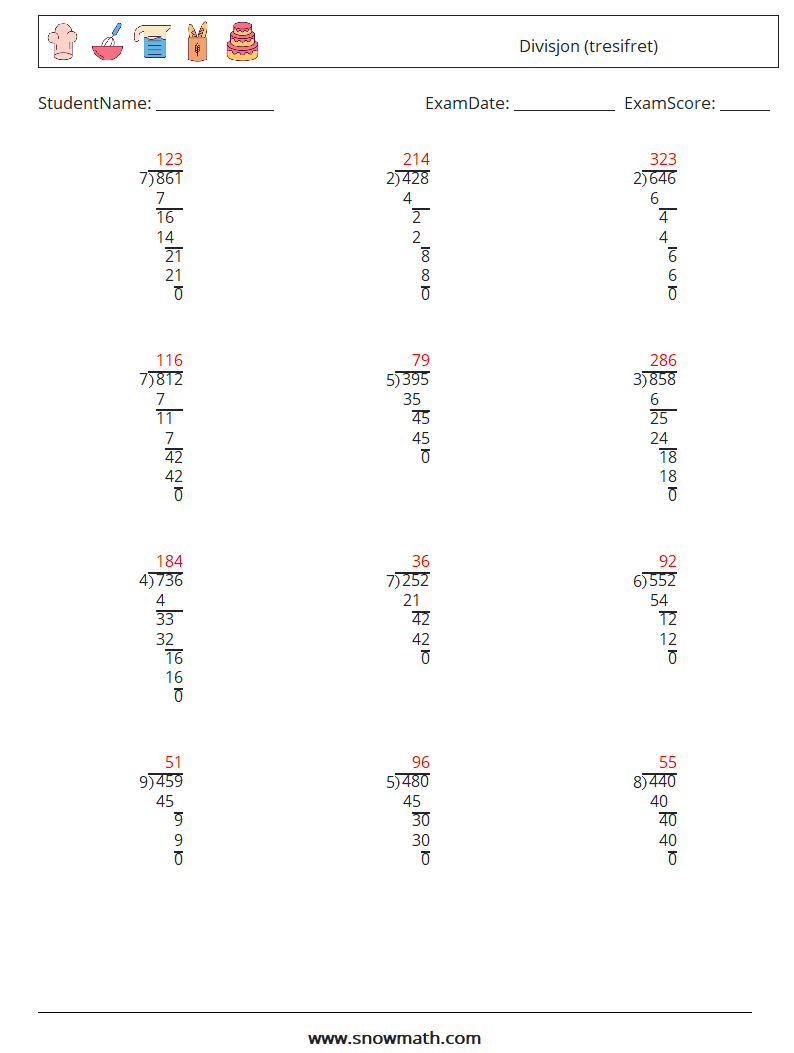 (12) Divisjon (tresifret) MathWorksheets 1 QuestionAnswer