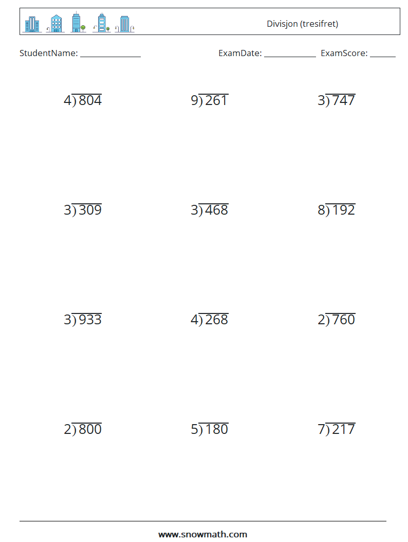 (12) Divisjon (tresifret) MathWorksheets 2