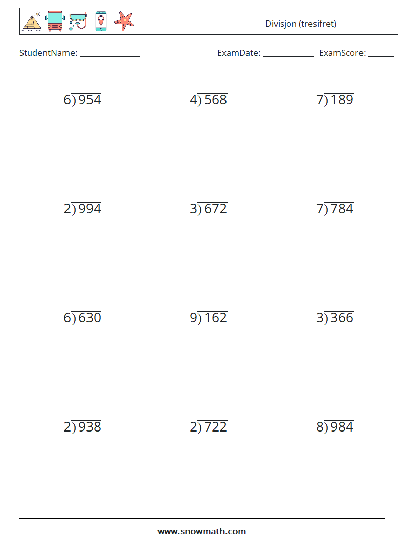 (12) Divisjon (tresifret) MathWorksheets 3