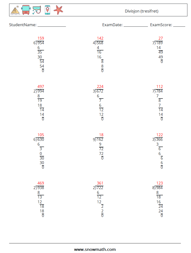 (12) Divisjon (tresifret) MathWorksheets 3 QuestionAnswer