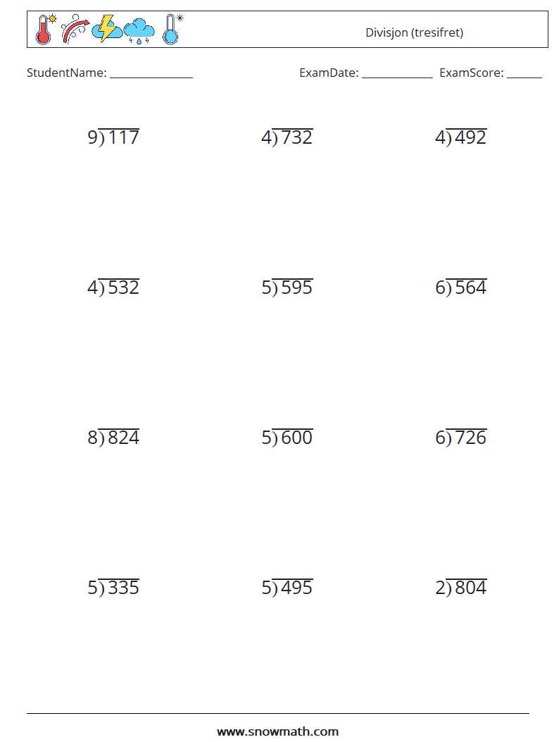 (12) Divisjon (tresifret) MathWorksheets 4