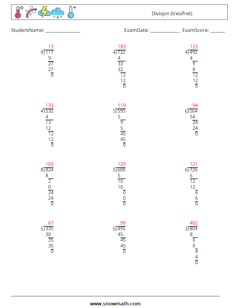 (12) Divisjon (tresifret) MathWorksheets 4 QuestionAnswer