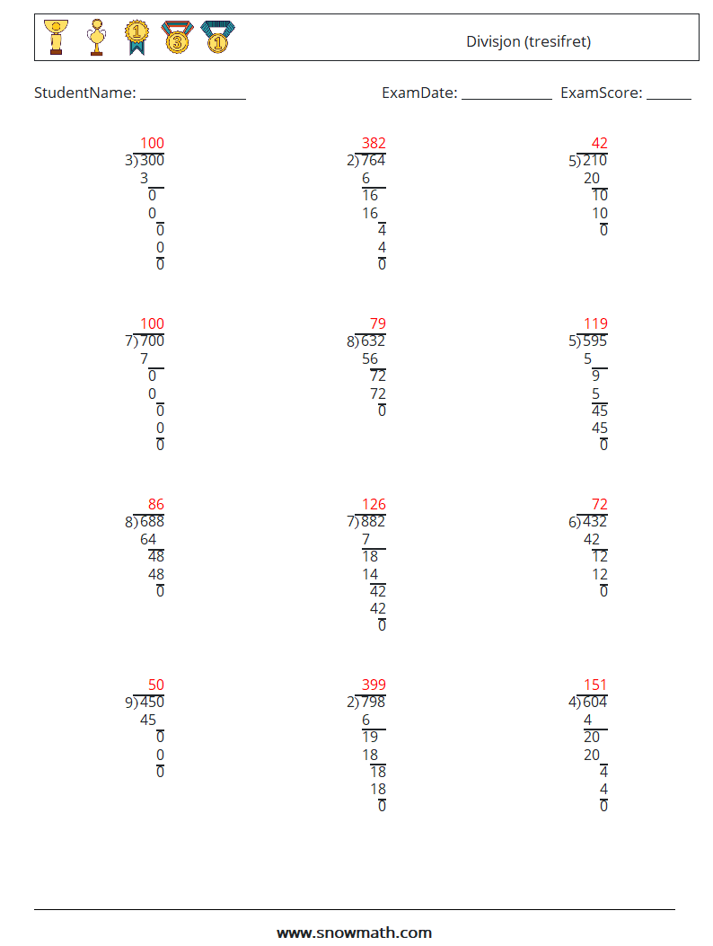 (12) Divisjon (tresifret) MathWorksheets 5 QuestionAnswer