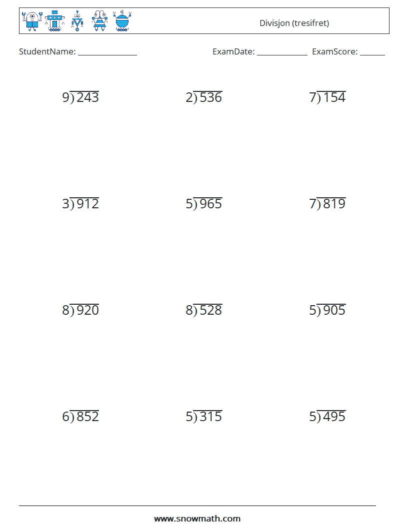 (12) Divisjon (tresifret) MathWorksheets 6