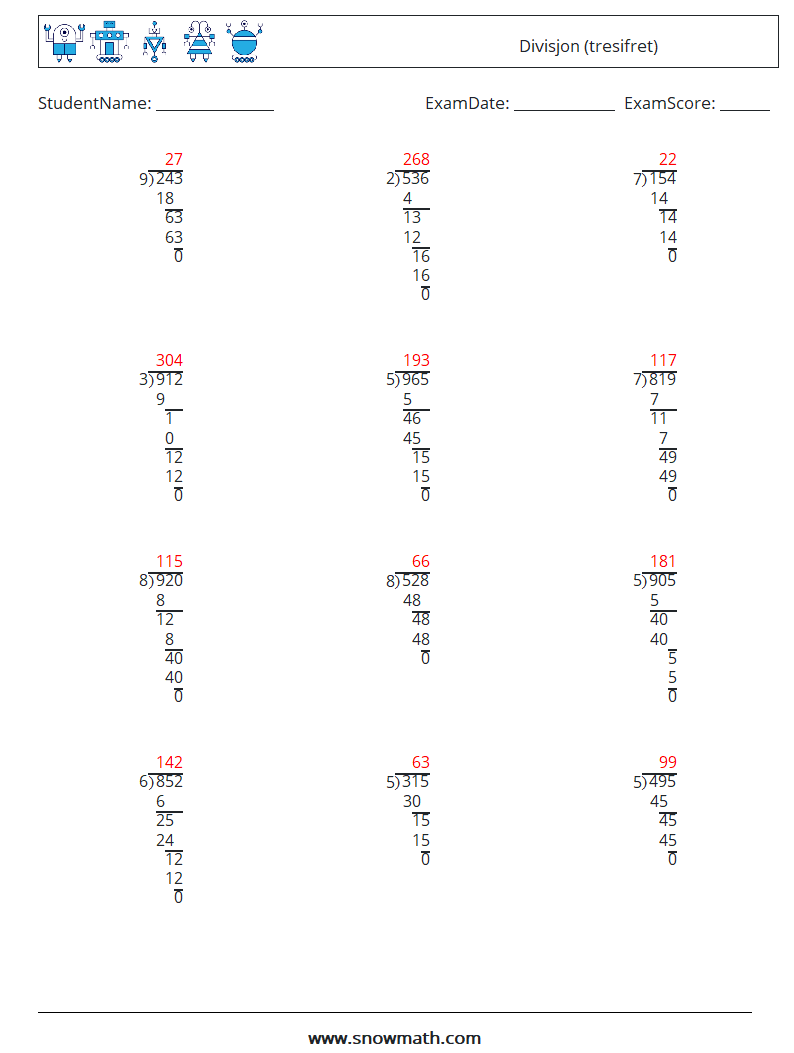 (12) Divisjon (tresifret) MathWorksheets 6 QuestionAnswer