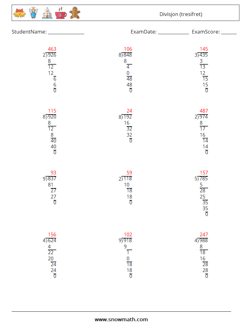 (12) Divisjon (tresifret) MathWorksheets 7 QuestionAnswer